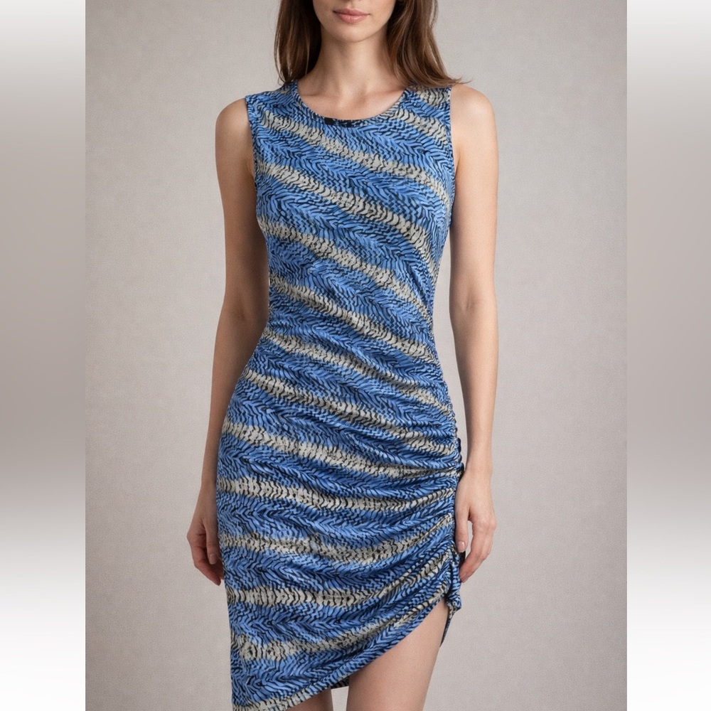BCBG Blue and Cream Sleeveless Ruched Mini Dress